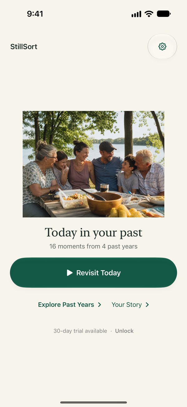 StillSort home screen showing a family picnic, Today in your past, Revisit Today and Explore Past Years